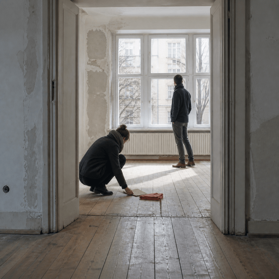 Zwei Kaufinteressierte prüfen in einer leeren Altbauwohnung den Holzboden und den Zustand des Raumes.“