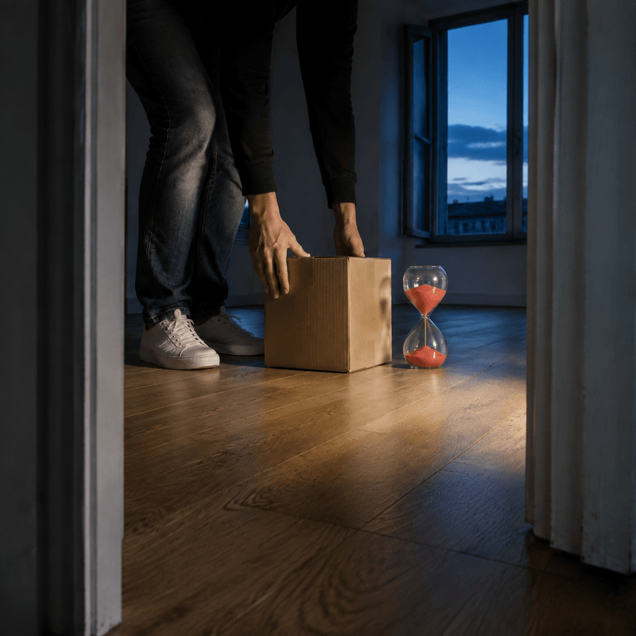 Eine Person stellt in einer leeren Wohnung eine Umzugskiste neben ein korallfarbenes Stundenglas.“