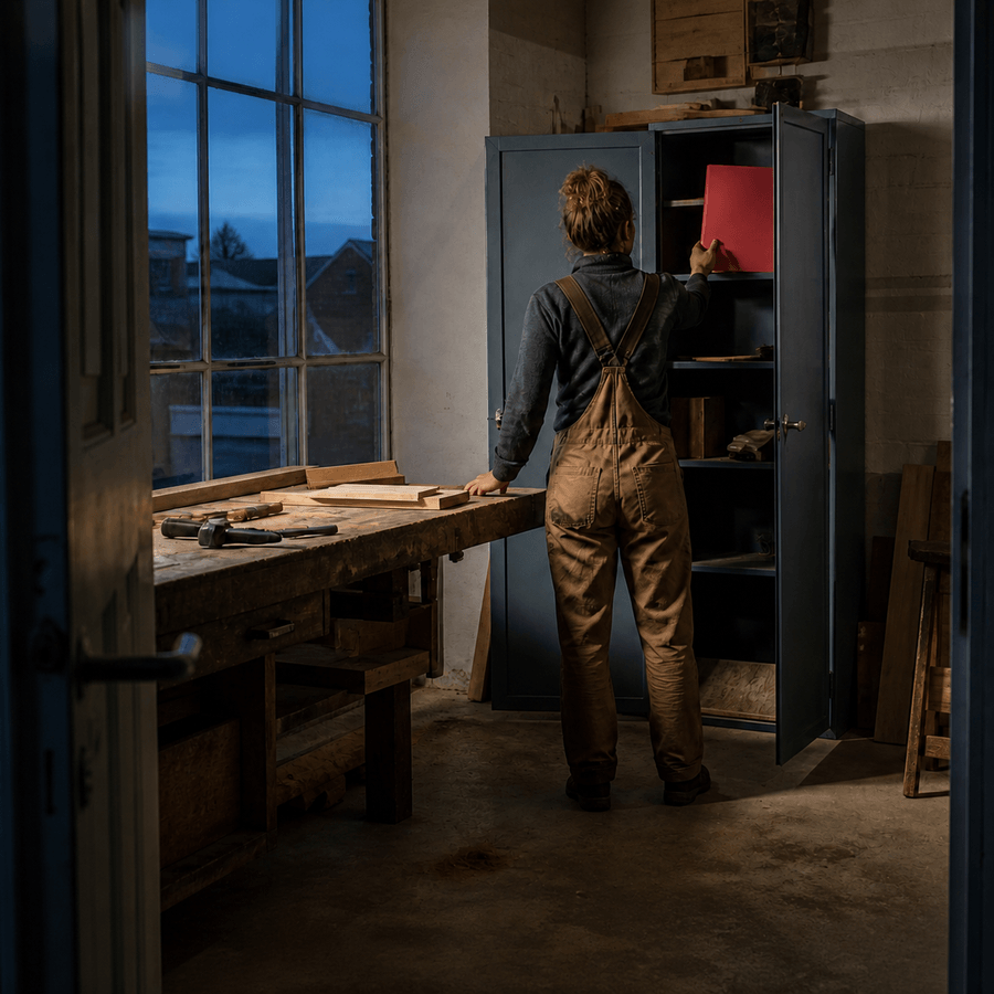Eine Tischlerin legt in ihrer abendlich beleuchteten Werkstatt eine korallrote Mappe in einen geöffneten Metallschrank.“