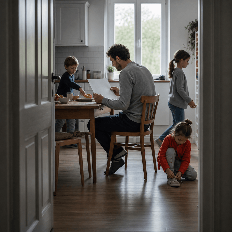 Ein Vater prüft morgens am Küchentisch ein unbedrucktes Blatt, während drei Kinder frühstücken, vorbeigehen und ihre Schuhe binden.“
